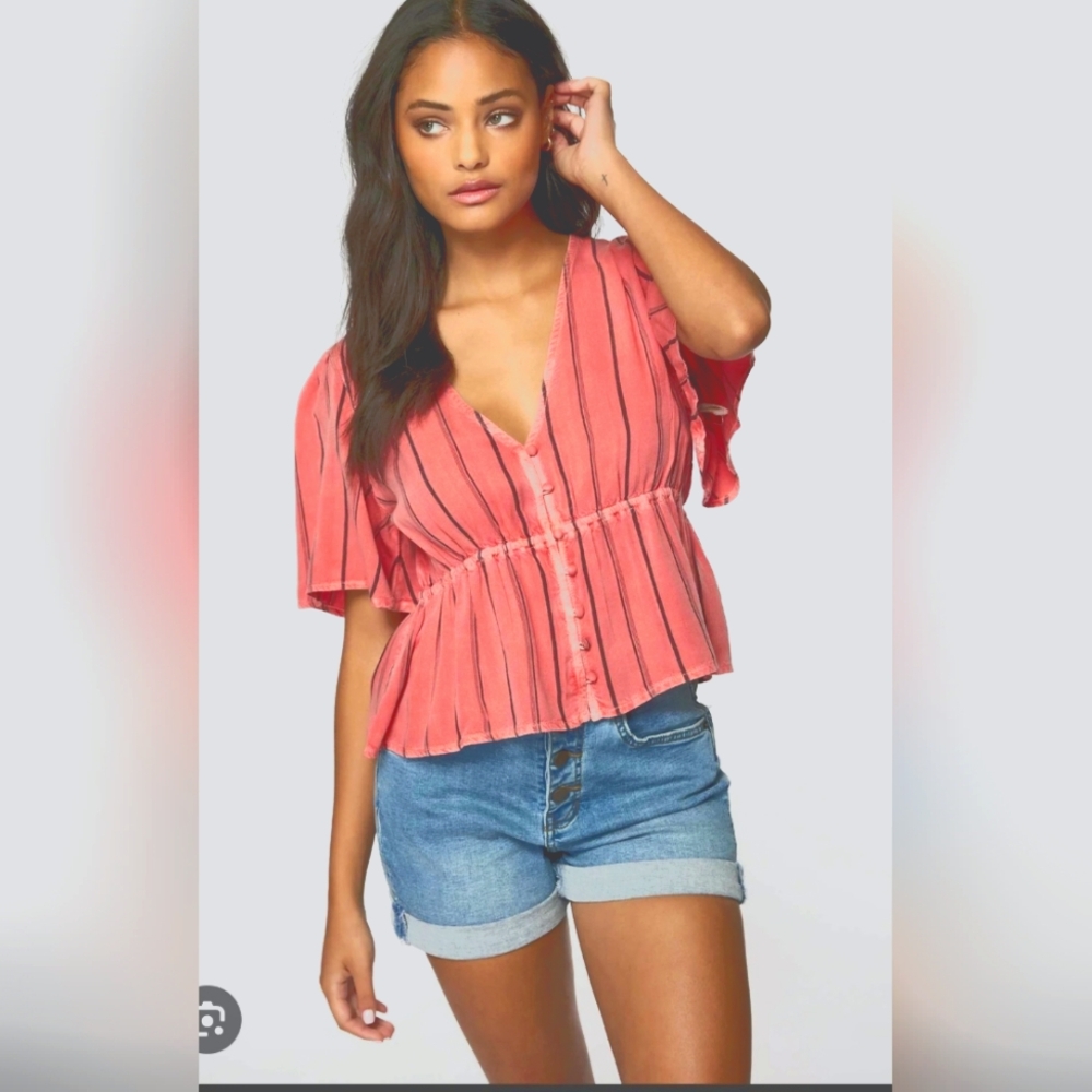 O'NEILL WES Stripe Button-Down Peplum Top SIZE Large